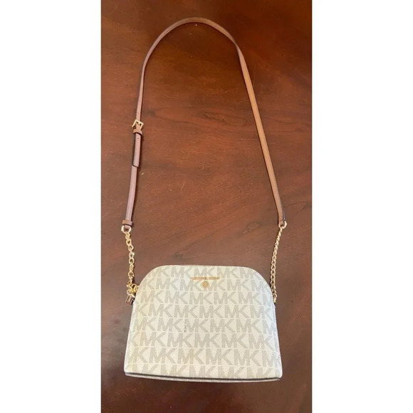 Michael Kors Dome Crossbody Bag Signature Logo Brown Leather Strap Gold Details - Picture 2 of 15